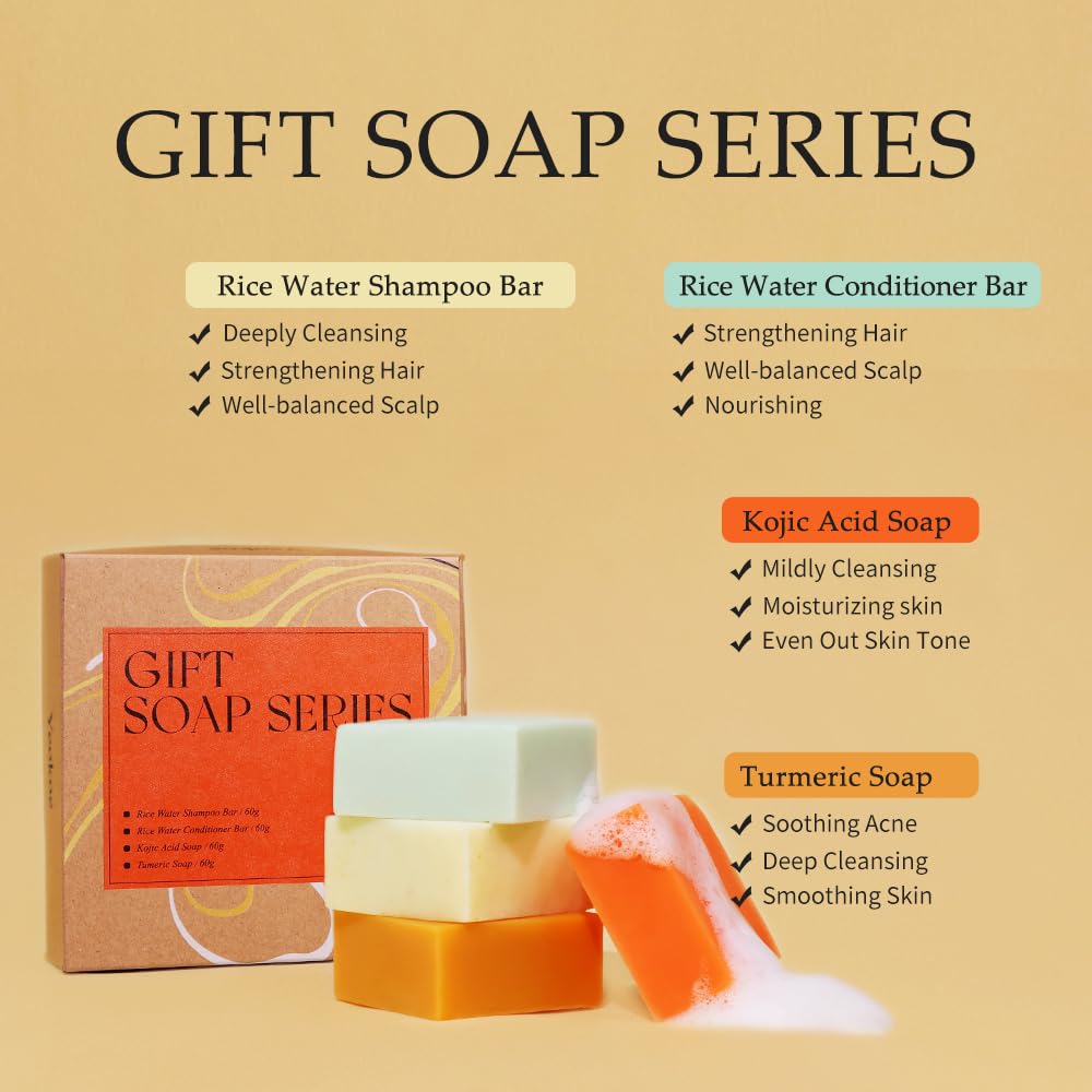 Yeokoe Turmeric Soap Bar & Rice Water Shampoo Conditioner Set - Deep Cleansing, Spa Gifts for Women