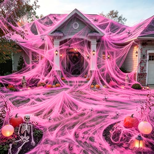 Pink Halloween Spider Web Decorations Kit with 50 Fake Spiders - 1000 Sq Ft Large Cobwebs