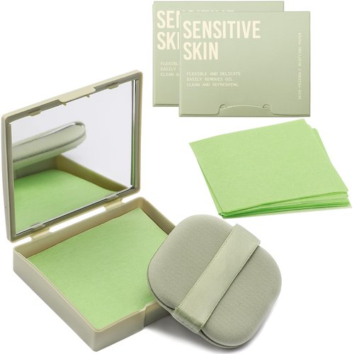 Jutqut Oil Blotting Sheets for Face with Mirror & Puff, 300 Sheets Oil Absorbing Sheets for Oily Skin, Natural Fiber Blotting Paper, Makeup Friendly Face Oil Control Sheets