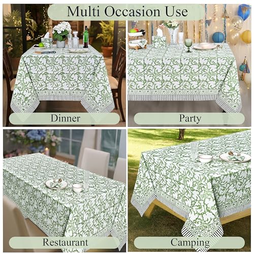 Ridhi Sage Green Hand Block Print Cotton Rectangular Tablecloth 108 x 60 Inches - Elegant Dining Decor