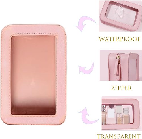 Skiennix Clear Waterproof Makeup Bag - Portable Travel Cosmetic Organizer for Women | Pink 2-Pack