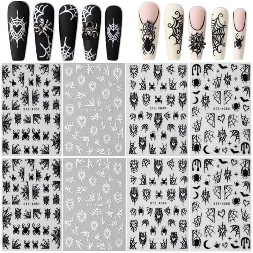 Halloween Spider Web Nail Stickers - Black Stars Moon Flame Design, 8 Sheets, DIY Manicure Decorations - Black Variant