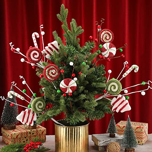 Set of 6 Christmas Candy Cane Tree Picks - Holiday Decor, Red Green White Stripes