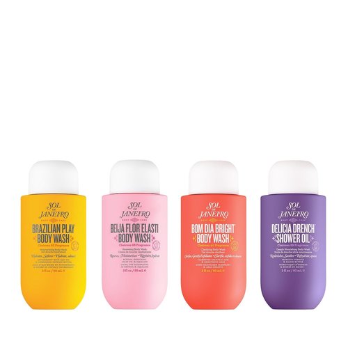 Sol de Janeiro Body Wash Discovery Set - Travel Size Benefit-Packed Quad | 3 Fl Oz - Brazilian Play, Beija Flor, Bom Dia, Delicia Drench