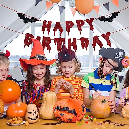 Halloween Birthday Banner - Red Glitter Dripping Blood & Bat Accents - Gothic Horror Party Decorations - Variation of THIS Listing