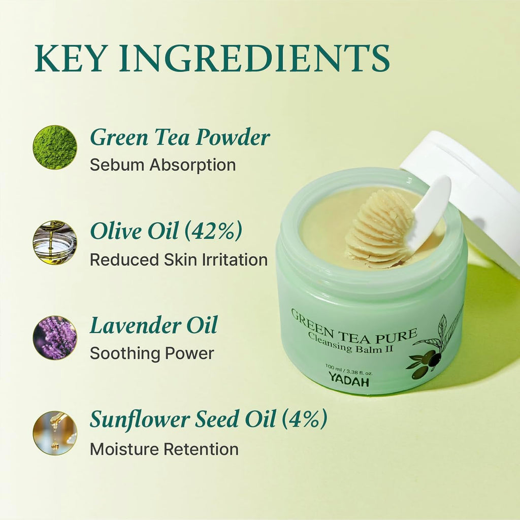YADAH Green Tea Matcha Cleansing Balm - Gentle Makeup Remover for Sensitive Skin | 3.38 fl oz, Vegan
