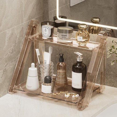 FYBREEK Tea Brown Foldable Perfume Organizer,Makeup Organizer,Clear Acrylic Double Layer Display Stand, Waterproof Cosmetic Storage Rack for Bathroom Vanity Countertop (1PC)