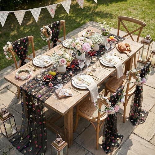 Black Embroidered Floral Daisy Tulle Table Runner 10Ft - Variation of THIS listing
