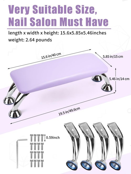 Nail Arm Rest for Acrylic Nails, Microfiber Leather Nail Hand Rest Cushion for Nails, Soft Hand Pillow Footstool with 4 Stainless Steel Stands Thick Sponge Nail Pillow for Nail Tech Use (Purple)