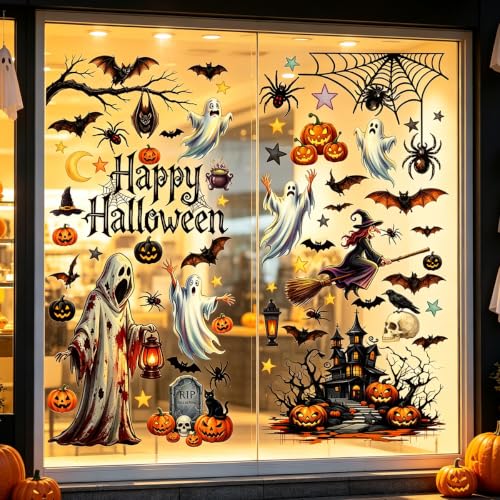 Halloween Window Clings Decor - Ghost, Bat, Pumpkin, Skull, Spiders, 8 Sheets