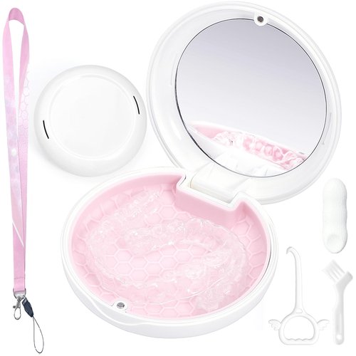 Gaboolo Retainer Case with Mirror and Lanyard,Slim Aligner Case with Vent Holes,Cute Dental Brace Box with Retainer Removal Tool and Brush(White Pink with Lanyard)