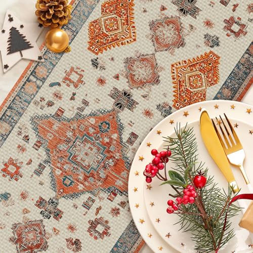 Fall Farmhouse Bohemian Orange Table Runner - Rustic Linen for Dining & Holiday Decor