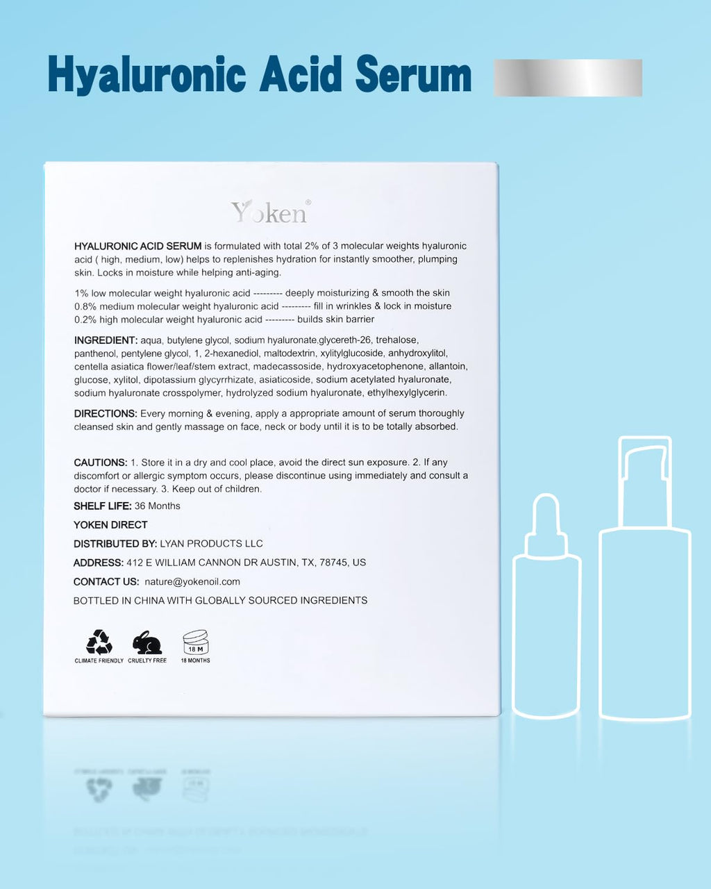Yoken Hyaluronic Acid Serum - EWG Verified Hydrating Facial Serum with Vitamin B5 | 8 + 2 fl oz