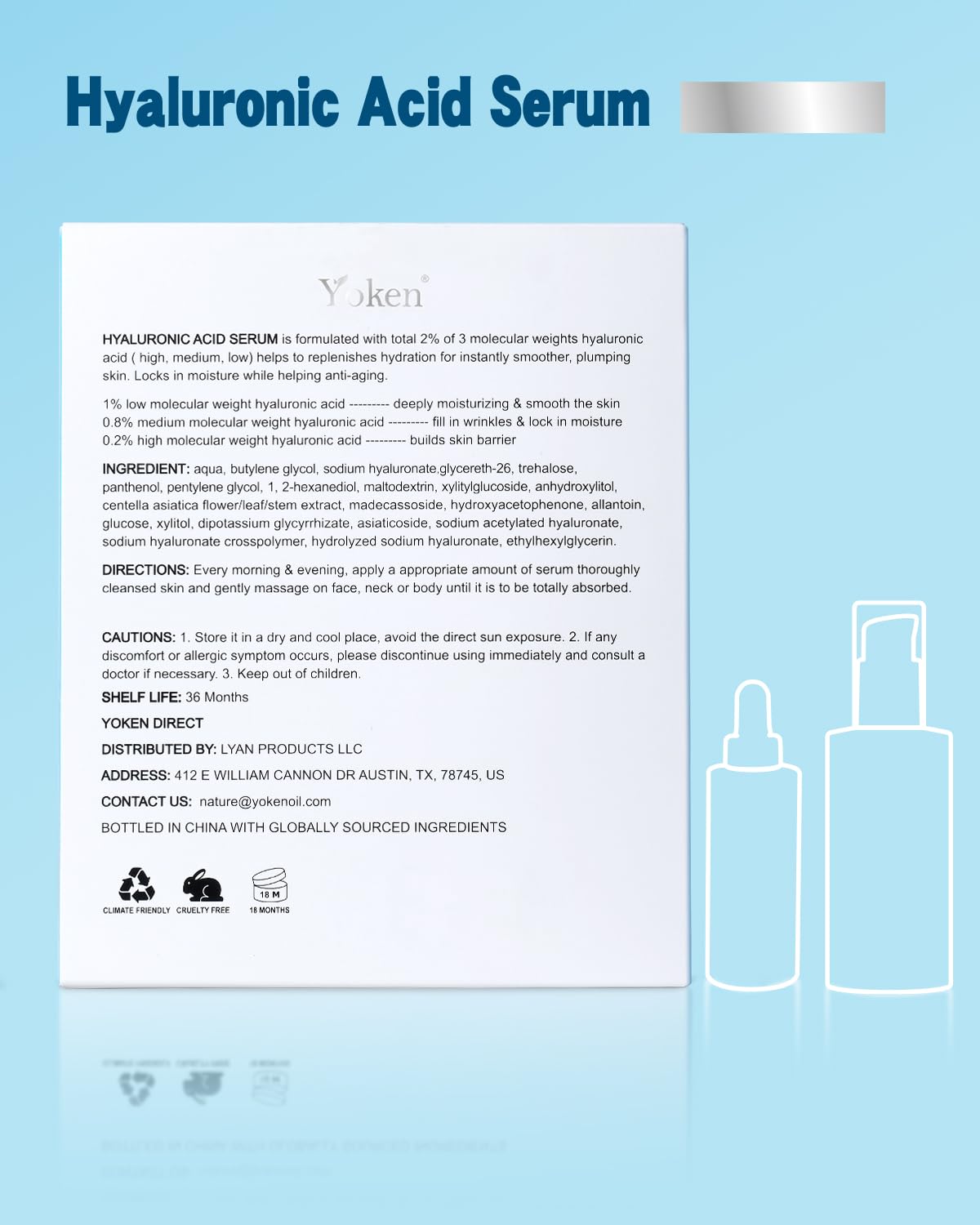 Yoken Hyaluronic Acid Serum - EWG Verified Hydrating Facial Serum with Vitamin B5 | 8 + 2 fl oz