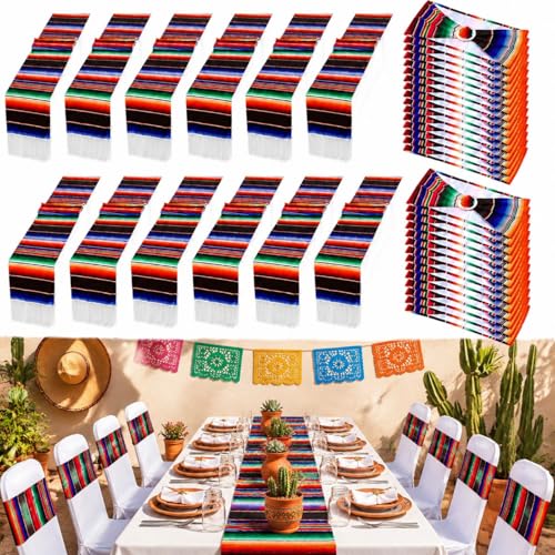 Newwiee 108 Pcs Mexican Party Decorations Set - Colorful Table Runner & Chair Sashes