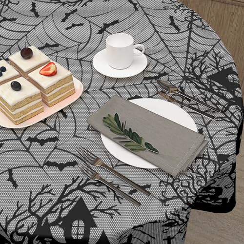 Kawani Halloween Round Tablecloth 60 Inch Spooky Pumpkins Bats Web Black Gray