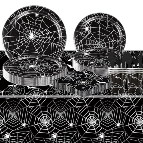 Halloween Spider Web Disposable Dinnerware Set with Plates Napkins & Cutlery