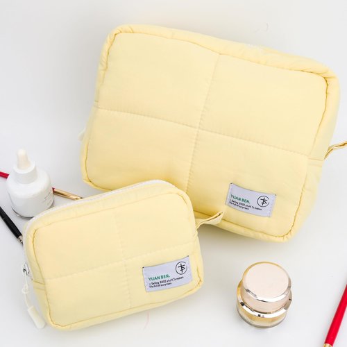 Veki Puffy Makeup Bag, Travel Cosmetic Bags for Women, Cute Quilted Make up Pouch, Toiletry Organizer Travel Essentials and Rectangular Quilted (Yellow, Small)
