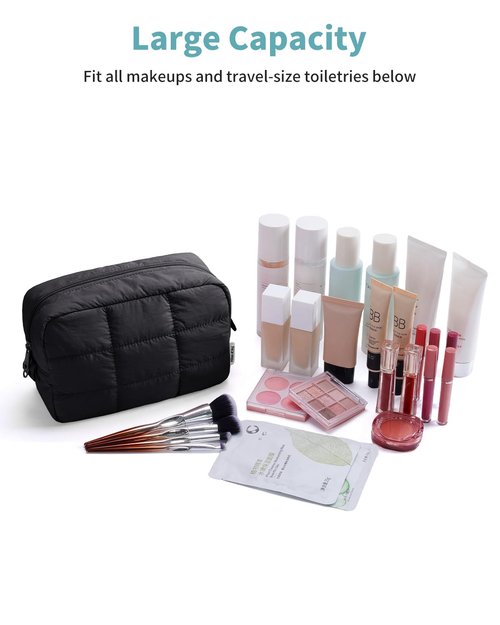 Narwey Quilted Makeup Bag for Women Girl, Puffer Travel Cosmetic Bag Puffy Make Up Bag Organizer, Cute Travel Toiletry Bag for Toiletries (Black)