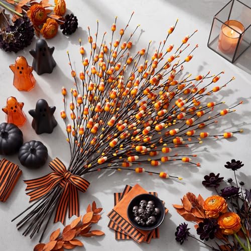 Halloween Candy Corn Artificial Stems - 8 Count, 20 Inch Fall Decor with Fake Candies - Spooky Autumn Vases Arrangement