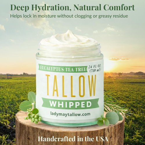 Lady May Tallow Whipped Tallow 24oz - All Natural Face Cream + Whole Body Moisturizer for Dry Skin - Made With Eucalyptus Oil - No Preservatives, Parabens or Seed Oils -USA Made (Eucalyptus Tea Tree)