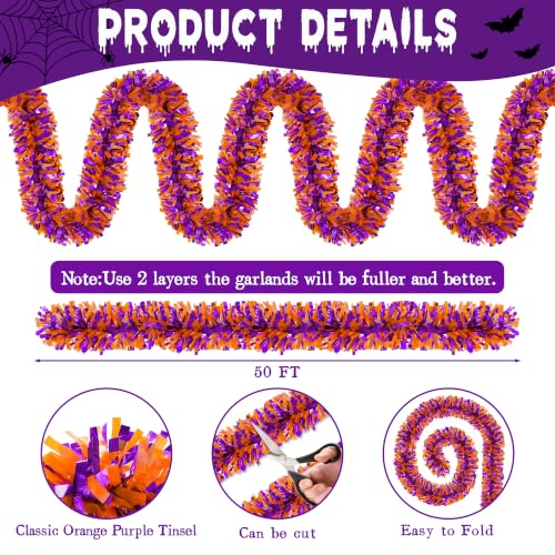 Halloween Garland 50FT Purple & Orange Tinsel Decor for Parties & Indoors