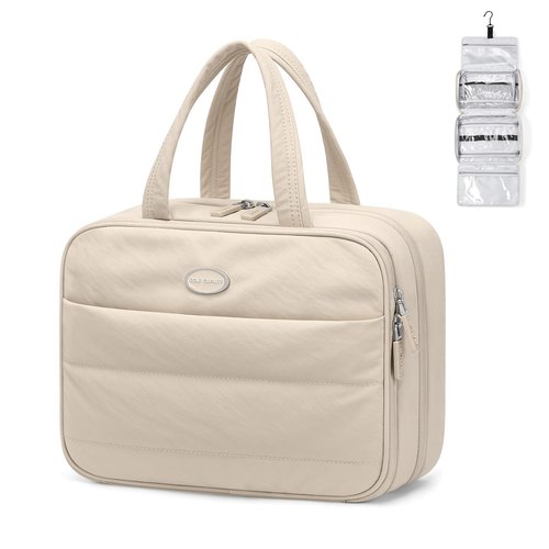GOLF QUALITY Travel Toiletry Bag with Jewelry Organizer,Hanging Toiletry Bag Carry-on Puffy Cosmetic Make up Bag Organizer for Travel Accessories,Essentials,Toiletries,Apricot