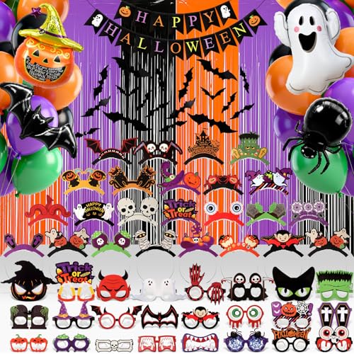 Halloween Party Decoration Kit with 129 Pieces - Balloons, Foil Curtains, Photo Props, Headbands & Glasses