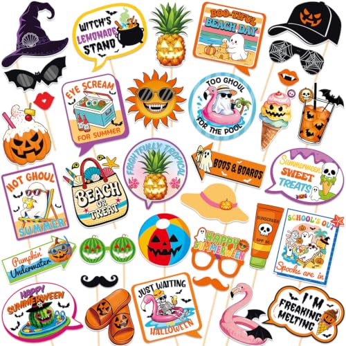 Summerween Photo Booth Props Kit - 34 Pieces for Halloween & Summer Parties