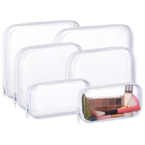 Hoolerry 6 Pcs Hard Clear Zipper Case Transparent Zipper Hard Pouch for Snacks Makeup Bag Plastic Cosmetic Bag Portable Travel Organizer for Makeup Storage(White,Big,Medium,Small)