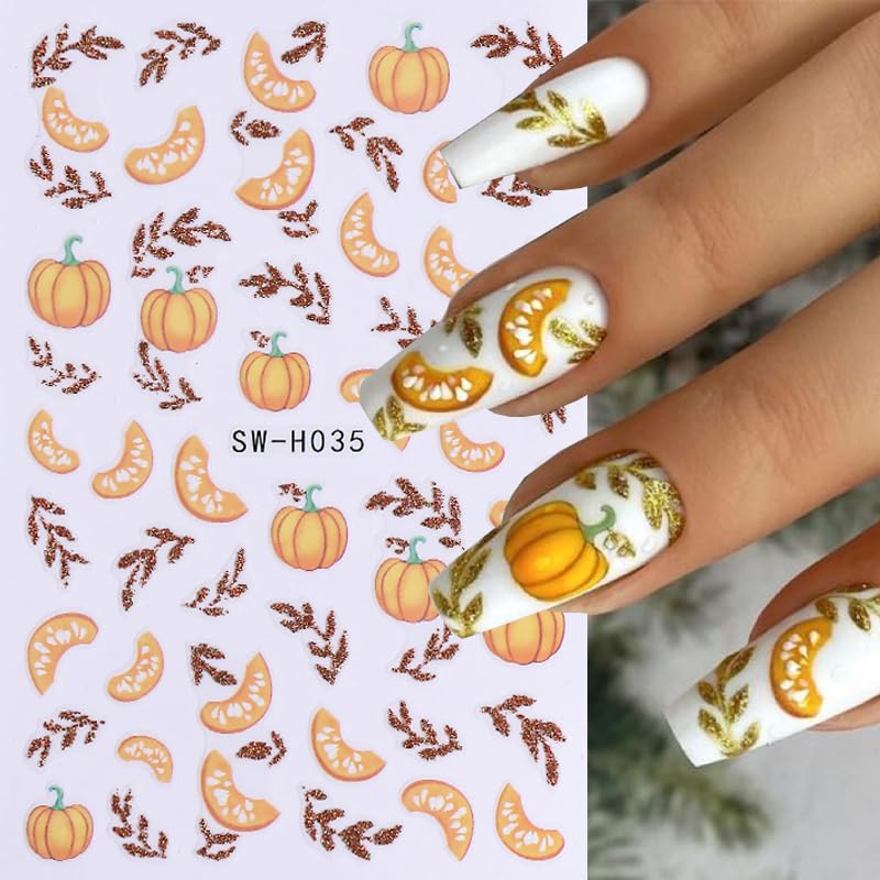 Fall Pumpkin & Maple Leaf Nail Stickers - Style7 Halloween DIY Manicure