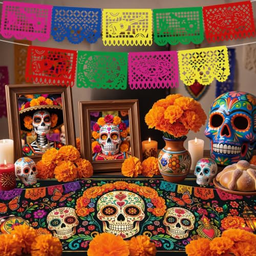 Dia De Los Muertos Decoration Set with Marigolds Banner Tablecloth & Altar Decor