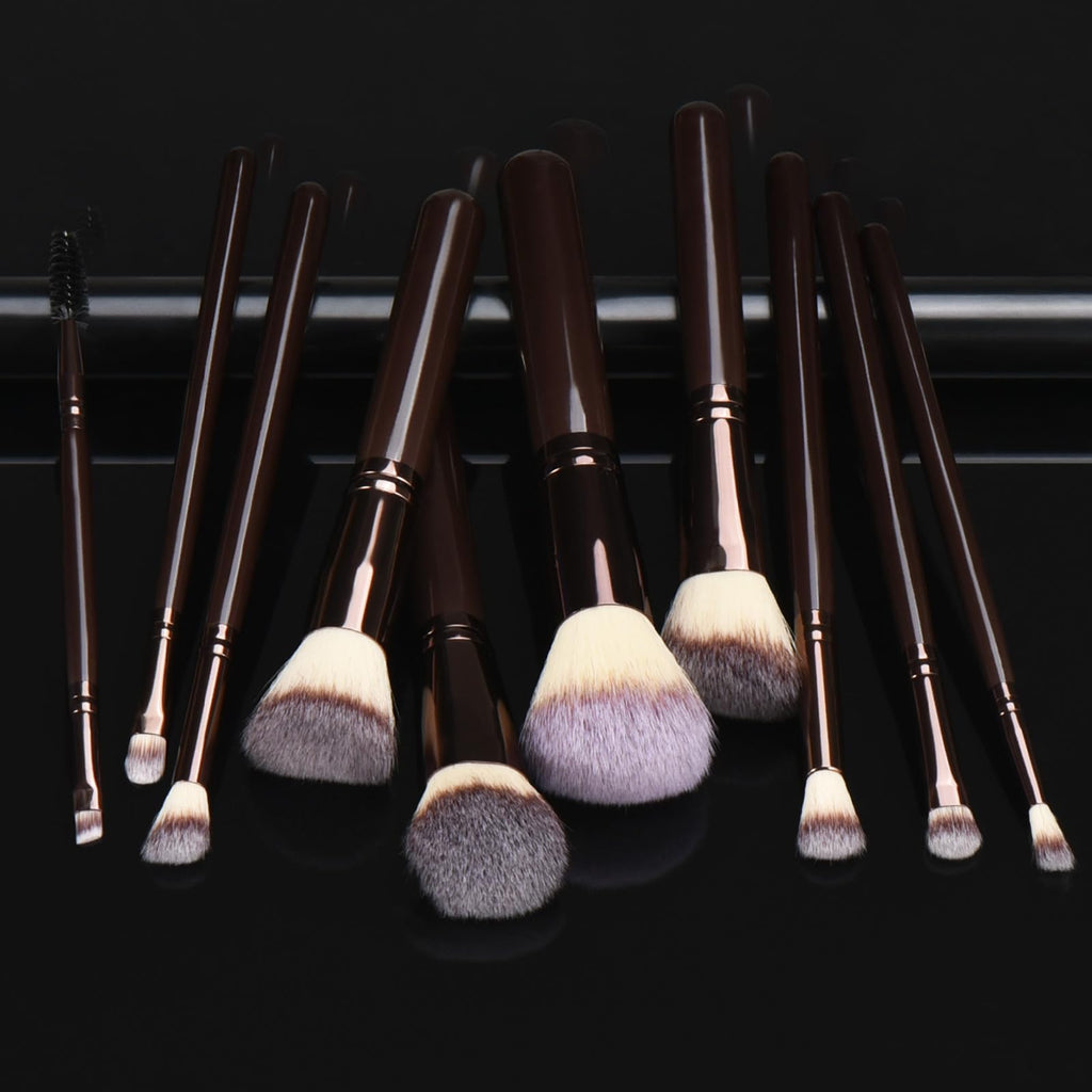 YJ-Anyue 10 Piece Black brown Makeup Brushes - Wooden Handle with Soft Synthetic Bristles,for Face & Eye Makeup|Professional Makeup Brushes set for Women & Girls|
