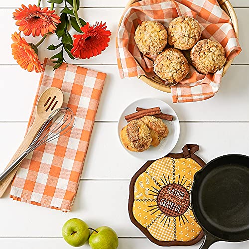 Fall Kitchen Decor Dish Towel & Potholder Set Sunflowers Orange Buffalo Check - 3 Piece