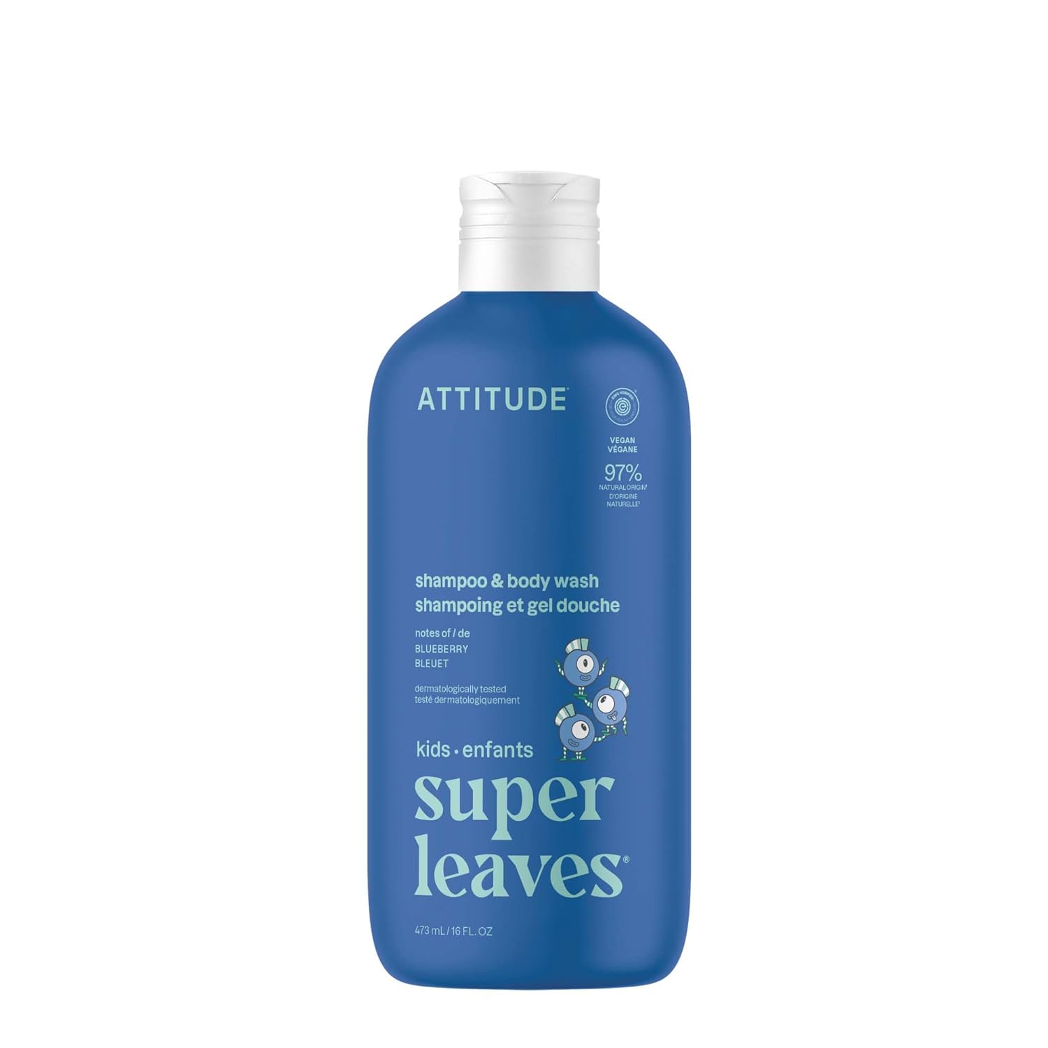 ATTITUDE Kids Shampoo & Body Wash - EWG Verified, Vegan, Plant-Based Cleanser, Blueberry, 16 Fl Oz