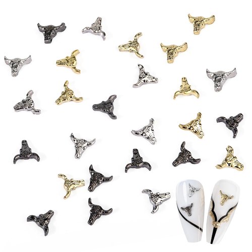 100pcs Stylish Bull Head Nail Charms, Halloween Retro Alloy Art Nail Stickers Funny Bull Head Manicure Decor Stickers for DIY Crafts with Gold Silver Black Mixed Color Designs