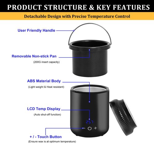 Podoy Mini Wax Pot Warmer for Hair Removal, Small Portable Travel Wax Melt Heater Machine Digital Display for SPA Salon Brow Body Nose Upper Lip Hair Waxing with 100 Waxing Sticks