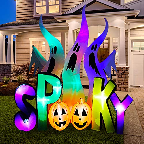 Inflatable White Ghost Family Halloween Decoration with Spooky Sign - Indoor Outdoor LED Blowup Lighted Decor
