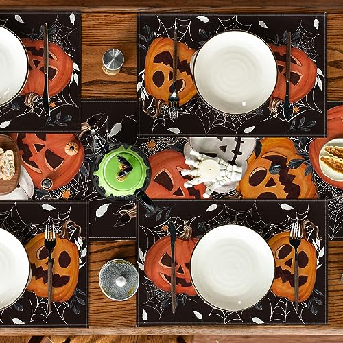 Halloween Pumpkin & Spider Web Placemat Set of 6 - 12x18 Inches, Rectangular, Black