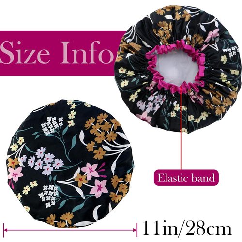 4 Pcs Reusable Waterproof Shower Hat with PEVA Lining Double Layers Elastic Satin Large Shower Caps Washable Shower Hats for Girls Women Long Hair All Hair Lengths