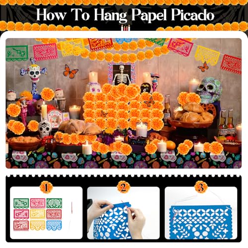 Dia De Los Muertos Decorations Set No Lights with Marigolds Papel Picado Butterflies & Table Runner