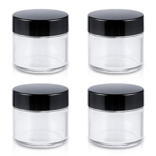 2oz Jars with Lids, HOA Kinh 4 Pack Clear Glass Jars Empty Cosmetic Containers Round Airtight Glass Jar with Inner Liners and black Lids for Storing Lotions, Powders, and Ointmentss