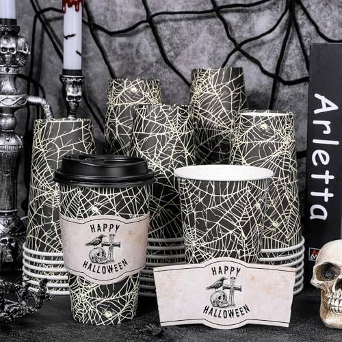 Halloween Spider Web Disposable Coffee Cups 16oz with Lids & Sleeves - Trick or Treat Party Supplies