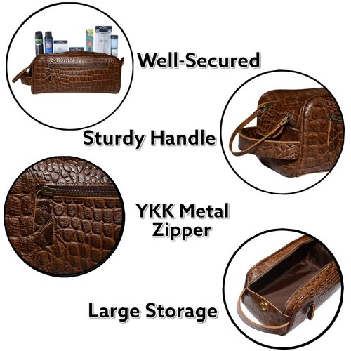 MILITARIA STUFFS Premium Buffalo Leather Unisex Toiletry Bag Travel Kit (King Size) Shaving kit Accessories :Shaving Brush Case, Razor Protective Travel Case (Combo of 4 Items) (Crocodile Print)