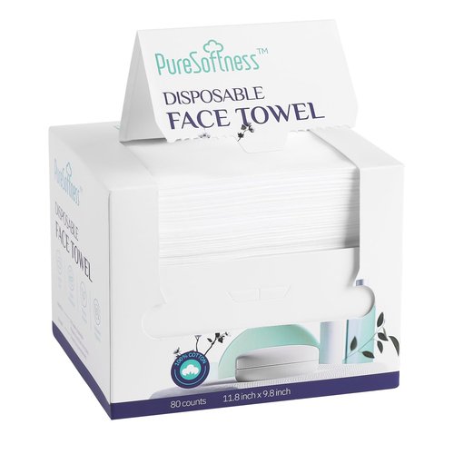 PureSoftness Disposable Face Towel, Clean Towel, Extra Large 12" x 10", Soft Dry Wipe Face Wash, Makeup Remover, Biodegradable Towelette for Sensitive Skin 80 Count (1 Pack)