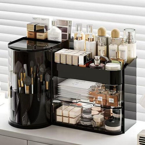 FYABREEK Makeup Organizer 14" D x 8.3" W x 9" H Cosmetic Organizer with Drawers Countertop Skincare Organizer for Vanity Cosmetic Display Case Storage Rotating Brush Holder (Black)