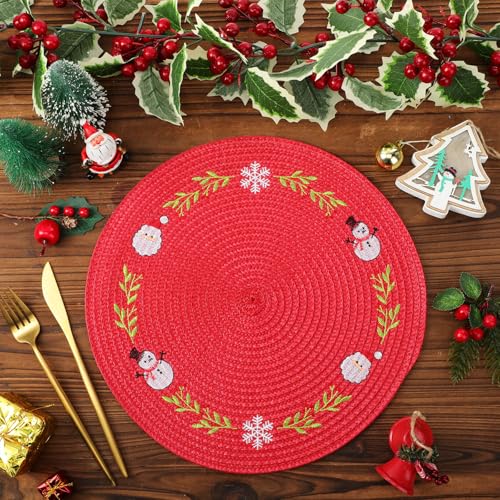 Christmas Round Placemats Set of 6 with Santa Claus Embroidery - Holiday Table Decor