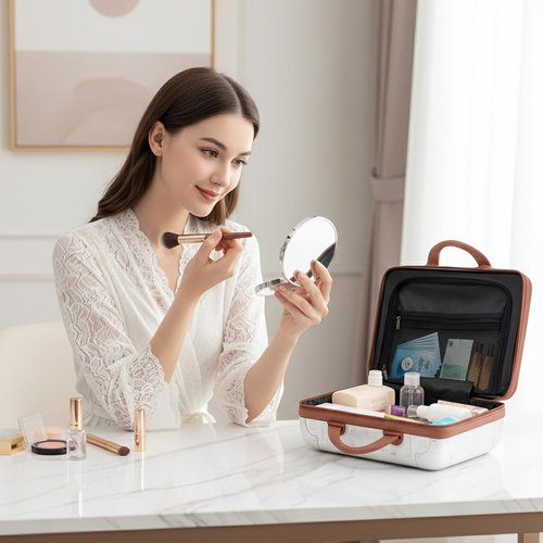 GigabitBest 14 Inch Portable Makeup Travel Case Hand Luggage, Hard Shell ABS Cosmetic Organizer with Safety Lock, Small Carry-On Travel Bag for Women