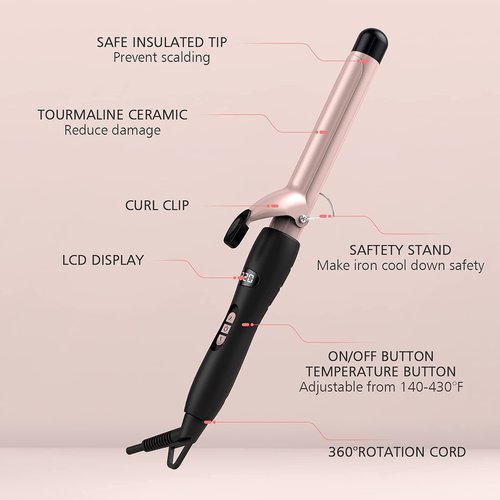 PRETFY 1 Inch Curling Iron with Ceramic Coating Barrel for Long/Medium Hair, 140-428℉ Adjustable Temperature, 30s Instant Heat, 110-240V Dual Voltage, Hair Waving Style Tool for Girls & Women