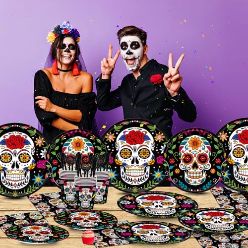 140-Piece Day of the Dead Party Supplies Set for 20 Guests - Sugar Skull Plates Napkins Cups Cutlery